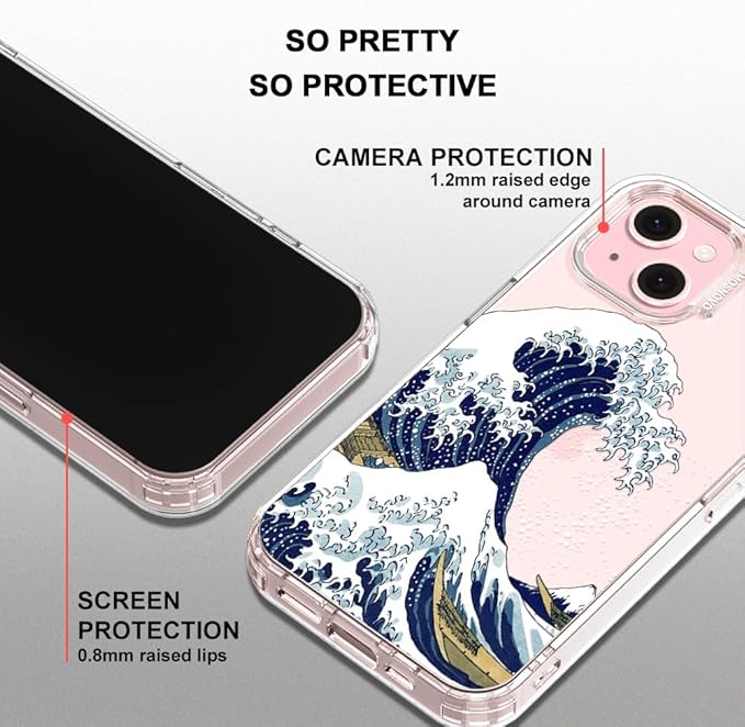 MOSNOVO Case for iPhone 15 Plus/iPhone 14 Plus, [Buffertech 6.6ft Military-Grade Drop Protection] [Anti Peel Off Tech] Clear TPU Bumper Phone Case Cover Design - Great Wave