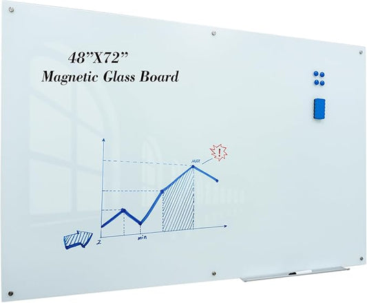 Magnetic Large Glass Board 72"x 48" Dry Erase Writing Board Premium Tempared Galssboard Frameless Message Board with Full Accessories Wall Mounted White Board