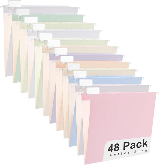 Y YOMA 48 Pack Colored Hanging File Folders Letter Size Decorative Hanging Folder Cute Pretty File Folder for Filing Cabinet Drawer Office Home with 1/5-Cut Adjustable Tabs, Soft Color