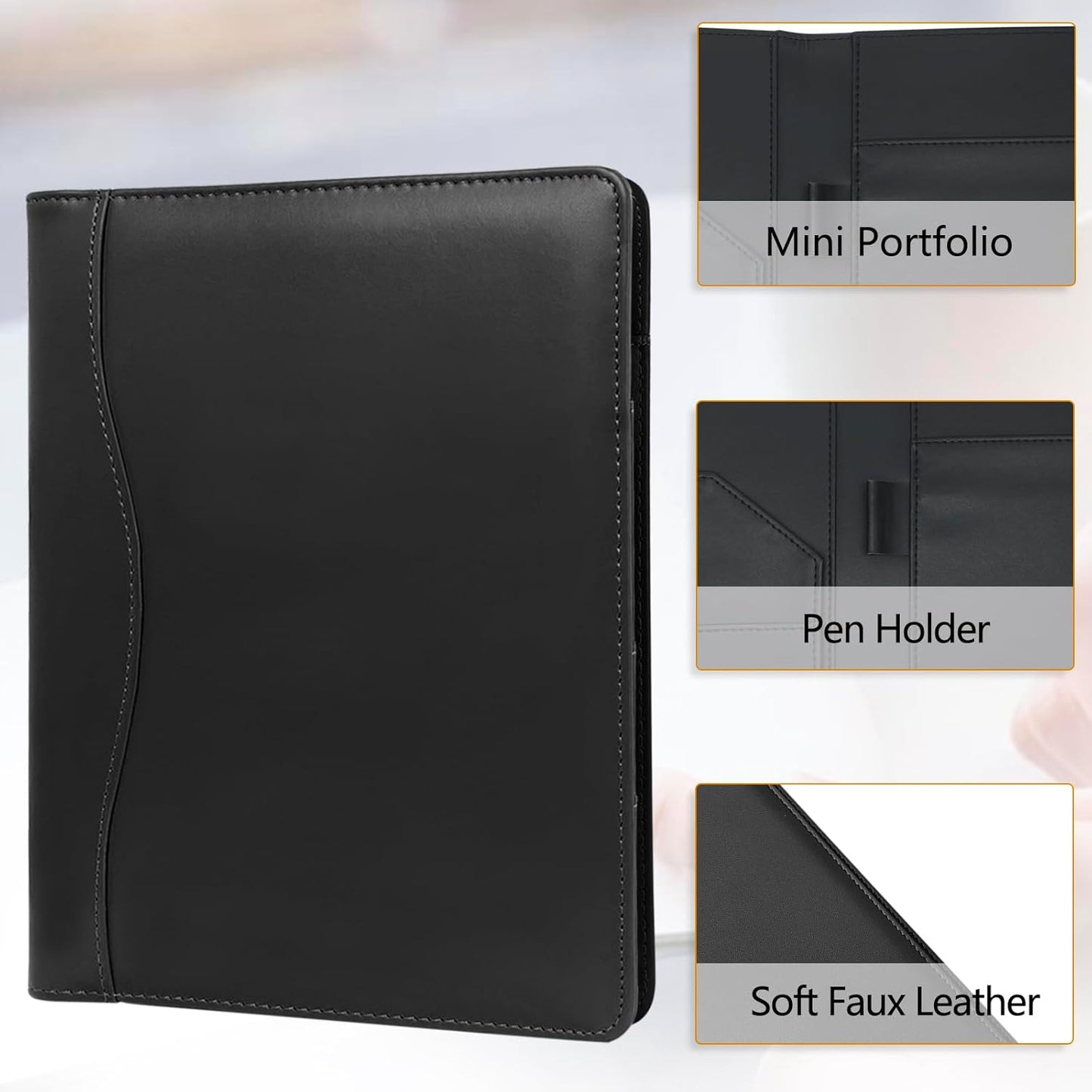 Leather Portfolio Binder 5 x 8, Mini Soft Leather Padfolio A5 Business Binder Legal Writing Pad Junior Size Document Organizer for Present Gift Kid Men Women Black