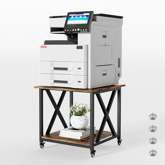 2-Tier Large Printer Stand with Storage Shelf, 23.6 x 23.6 Inches Printer Table, 2-Tier Rolling Cart with Industrial Wheels for Home Office, Mini Fridge, Laser, 3D Printer (Rustic Brown)