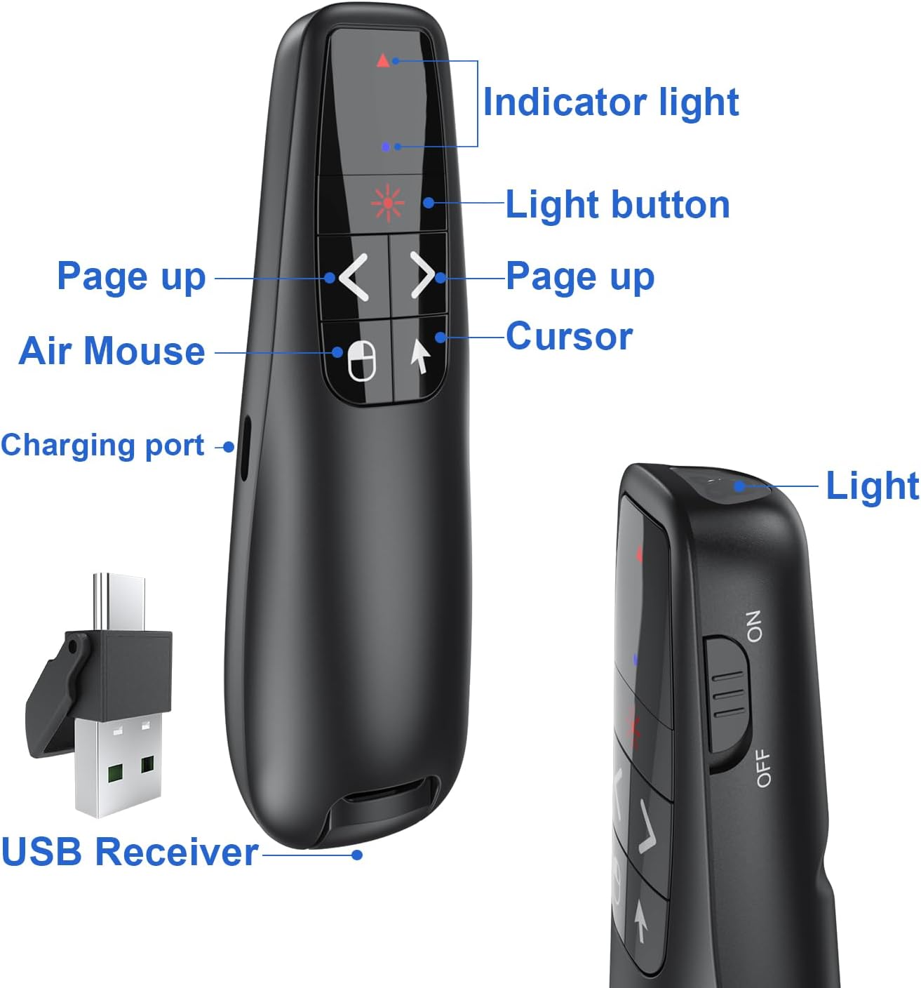 Presentation Clicker PowerPoint Wireless Presenter Remote: Type C Rechargeable Auto Air Mouse Clickers with Red Laser Pointer for Computer Project Mac Slideshow PPT Google Slide Advancer