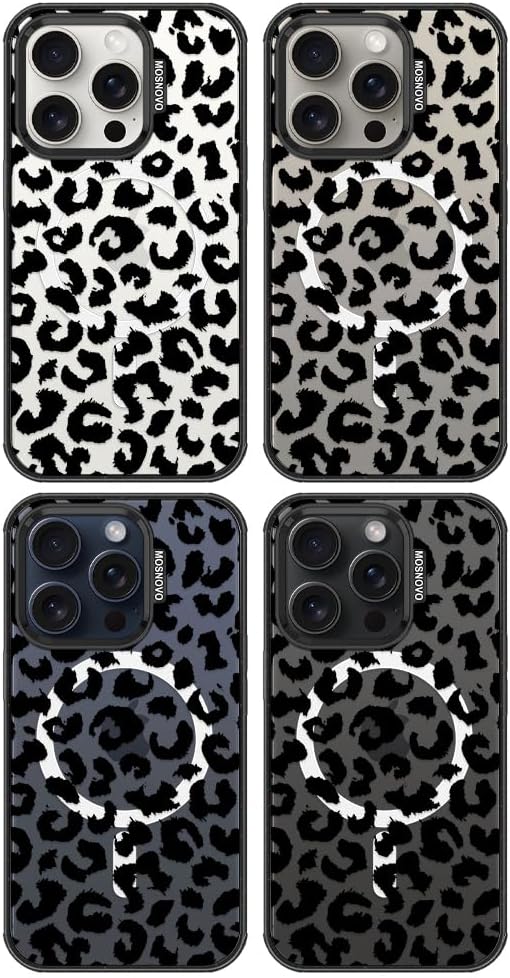 MOSNOVO Magnetic Case for iPhone 15 Pro, 10ft Military-Grade Protection, Compatible with Magsafe, Shockproof Phone Case for iPhone 15 Pro - Black Leopard Print - Clear Black