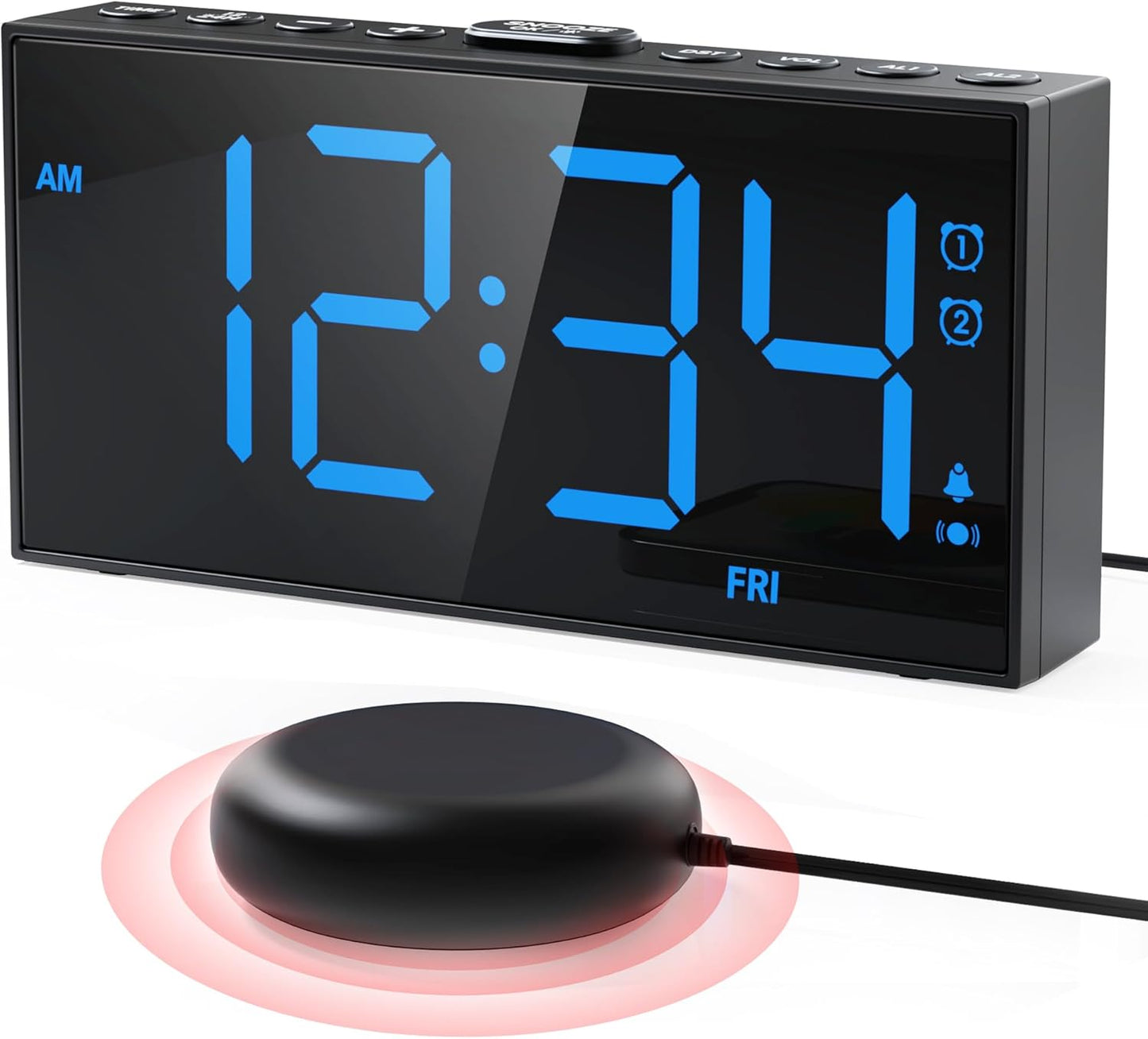 PPLEE Loud Alarm Clock with Bed Shaker,Vibrating Alarm Clock for Heavy Sleepers Hearing-impaired Deaf,2 Alarms 3-level Vibration for Weekday/Everyday Mode,5 Dimmer,5 Volume,Big Number,Power-off Memory