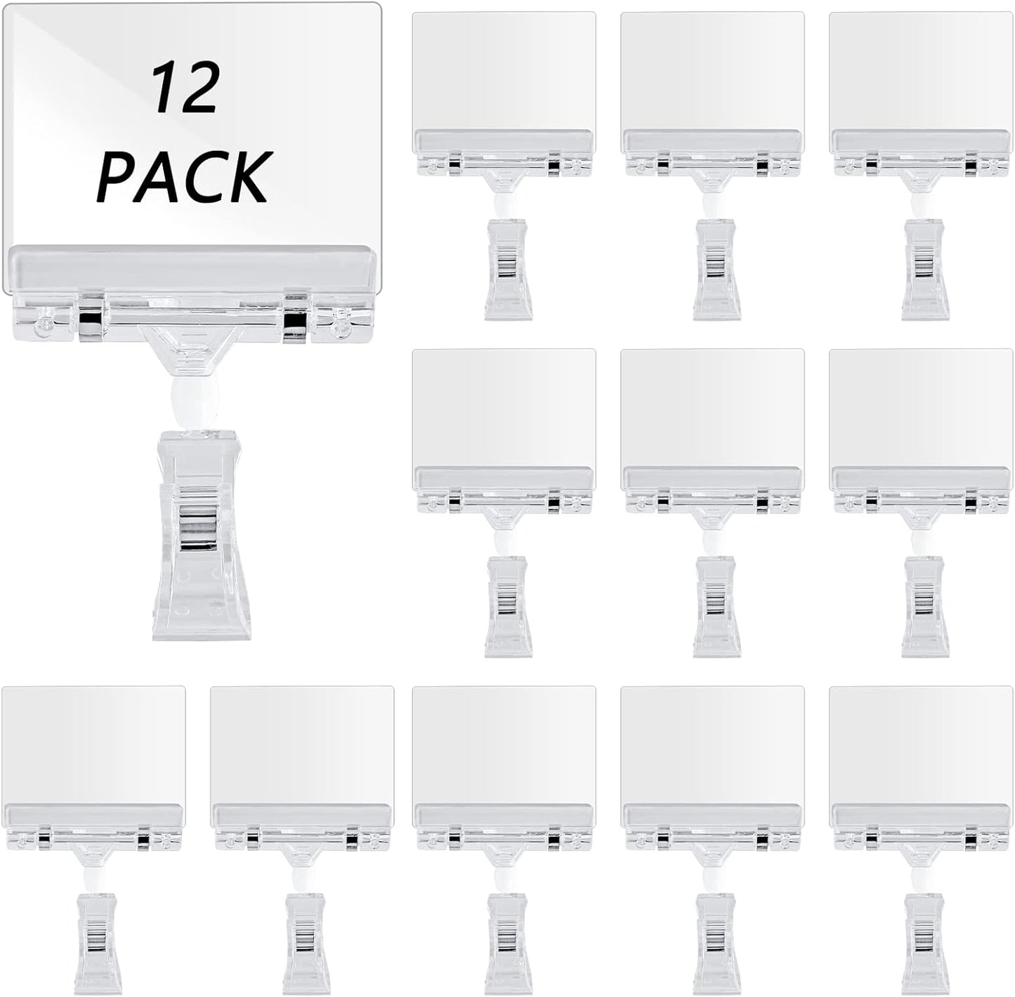 Biaungdo 12 Pcs Rotating Clip Swivel Sign Holder, Clear Rotatable Sign Holder with Double Clip Design, PVC Card Protector for Shelves, Store, Business, Exhibition