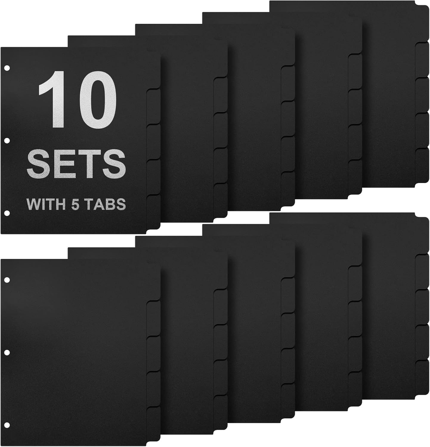 3 Ring Binder Dividers with 5-Tabs for Letter Size, 1/5 Cut, 3-Hole Punched, Write & Erase Plastic Binder Dividers Extra Durable Section Index Dividers for Binders, Pack of 10 Sets, 50 Dividers Total
