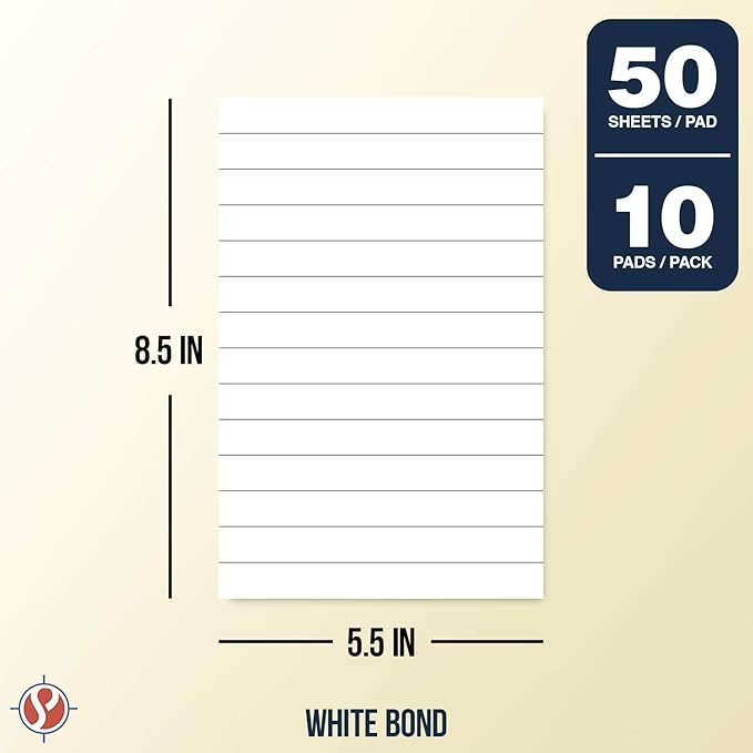Memo Pads, White, With Black Lines – Lined Paper Notepads, Scratch / Writing Pad for Planning, To-Do Lists, Appointments, Reminders, Home, Office – 50 Sheets Per Pad, 10 Pads per Pack – 8.5" x 5.5"