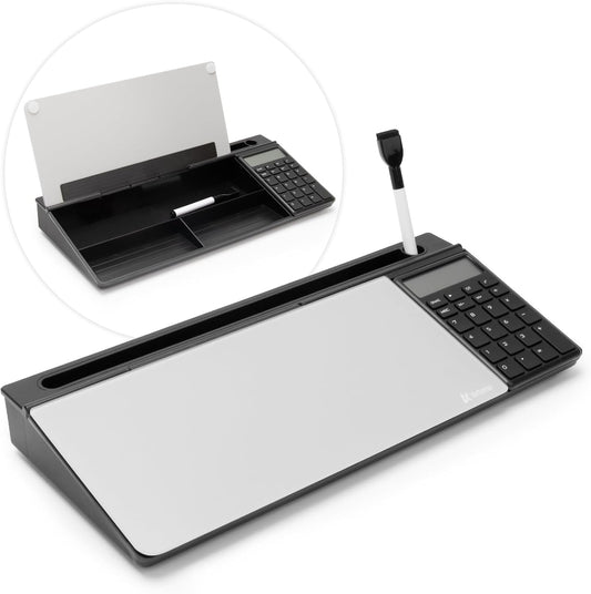 Varhomax Glass Desk Whiteboard with Calculator, Desktop Dry Erase White Board with Storage, to Do List Memo Notepad for Home and Office