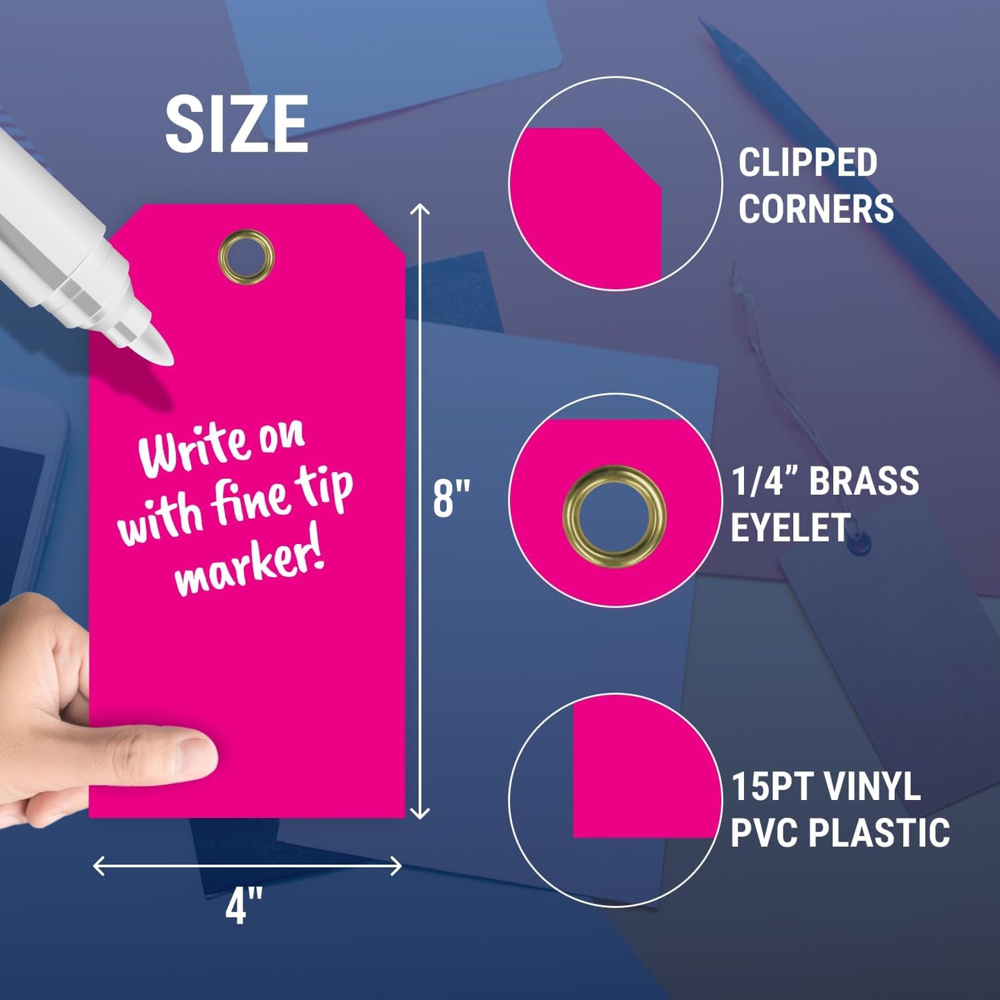 Tags 4 Less 15 Mil Waterproof Plastic Tags, Pack of 100 – 4” x 8” Heavy Duty Plastic Tags for Labeling, Outdoor Tagging, Equipment Labeling, Luggage, Valves & More (Fluorescent Pink)