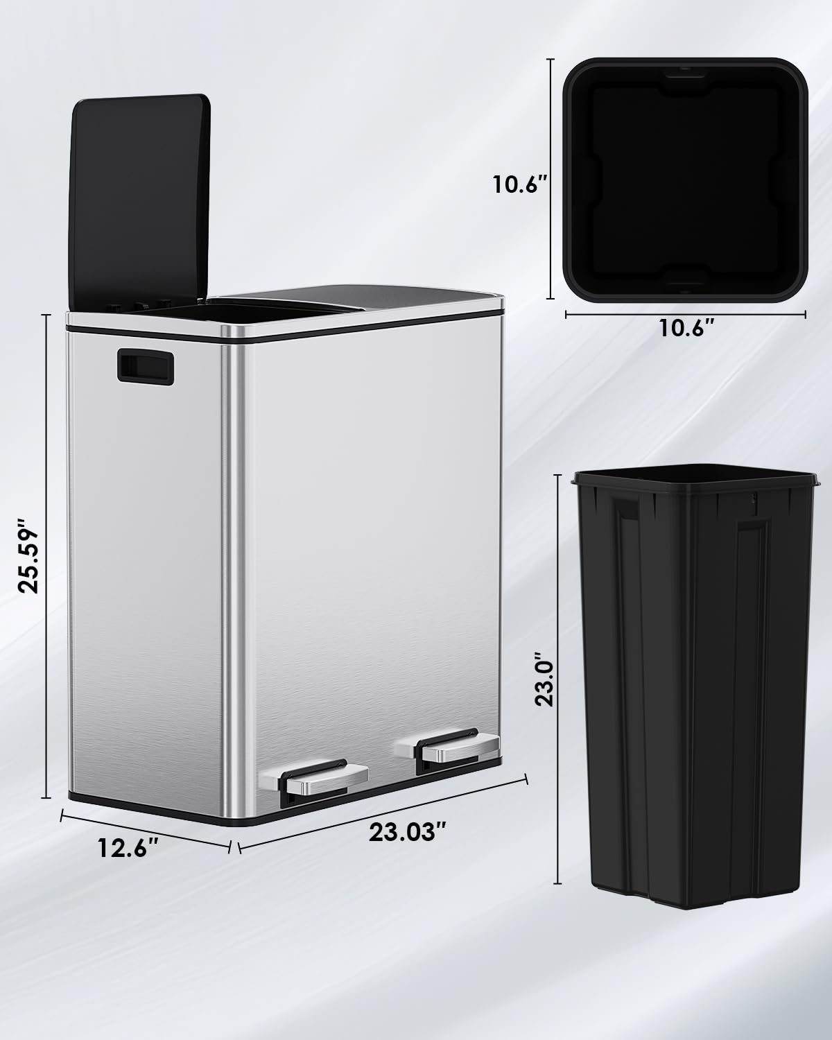 Arlopu 16 GallonStainless Steel Trash Can, 60L Dual Compartment, Metal Kitchen Step Recycle Bin, Metal Double Dustbin, in-Home Garbage Rubbish Can W/Removable Liner Buckets (Silver)