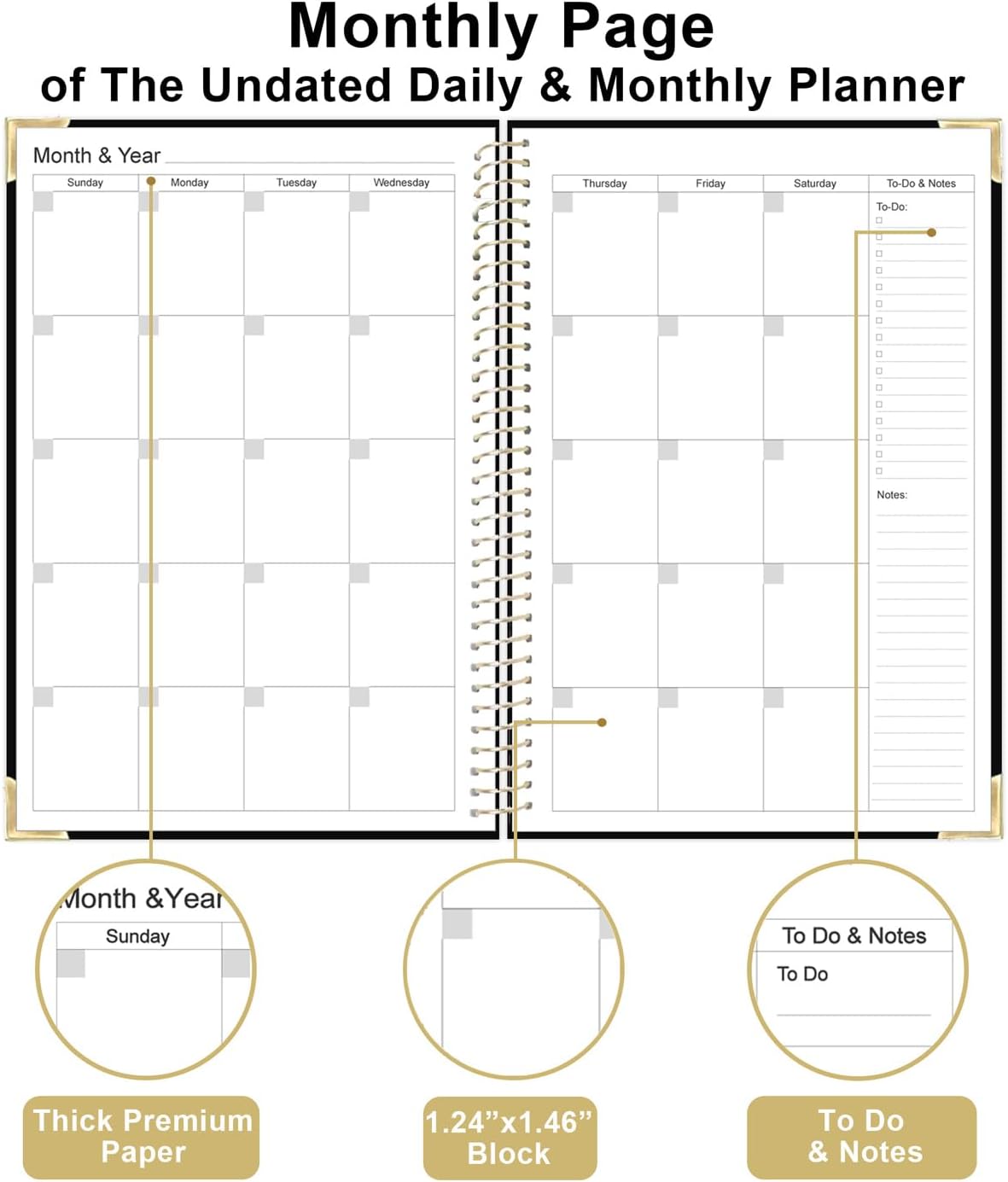 Undated Daily Monthly Planner for 2025 2026 - A5 To Do List with Hourly Schedule, Hardcover Spiral Bound Daily Planner to Increase Focus, Stylish School/Office Supplies, 5.8" x 8.5", Black