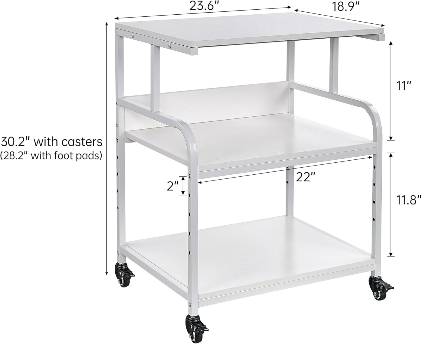 White Printer Stand, 23.6 x18.9 x 30 Inches Big Size Printer Table with Adjustable Shelf, 3 Tier Rolling Printer Cart with Wheels for Home Office Storage and Organization