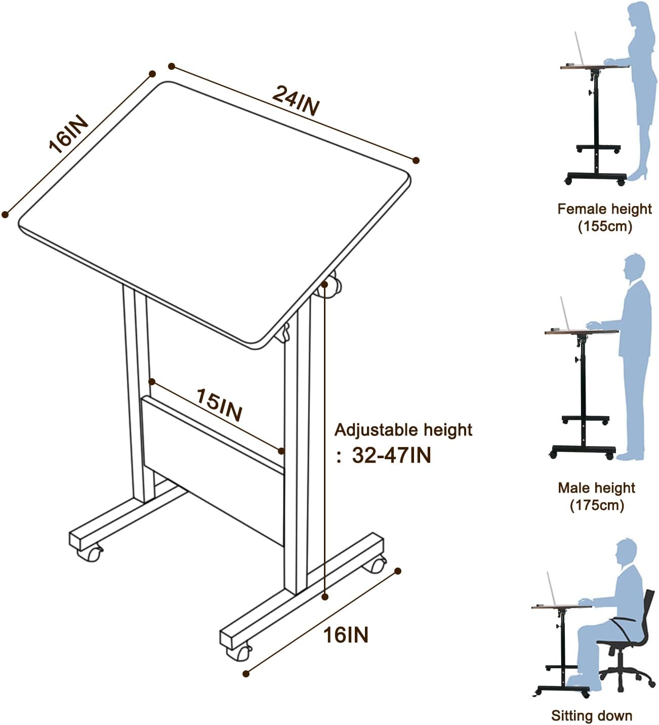 KOUPA Adjustable Height Standing Desk, Writable Tempered Glass Desktop with Eraser, 360° Flip, Wheels – Ideal for Small Spaces and Home Offices, 24 in, White(Adjustable Height: 32-47 in)