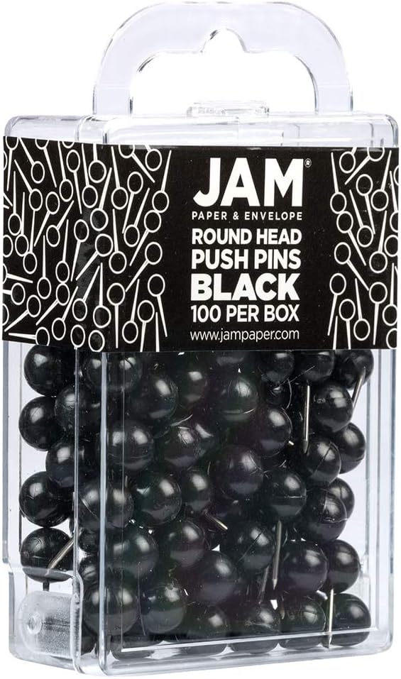 JAM PAPER Colorful Push Pins - Round Head Map Thumb Tacks - Black Pushpins - 100/Pack