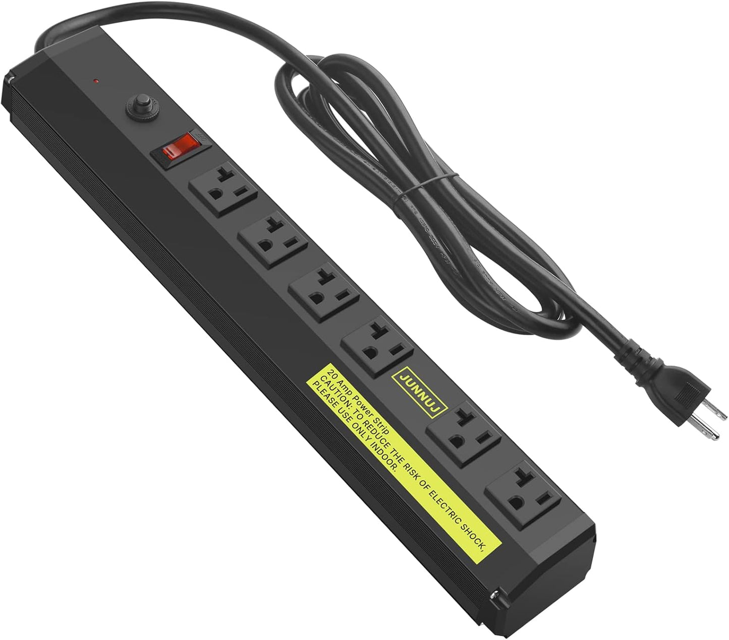 JUNNUJ Heavy Duty Metal Power Strip 20 Amp, High Amp Surge Protector 6 Outlet, 20A Power Strips Workshop Industrial Outlets Wide Spaced 6-20R T-Slot with Circuit Breaker, 12 Gauge Extension Cord 10ft