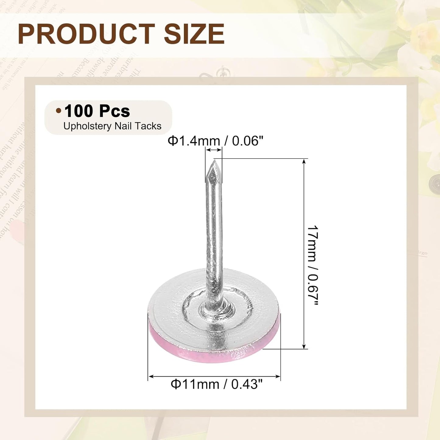 uxcell 100Pcs Upholstery Tacks, 11mmx17mm Flat Head Thumb Tack Decorative Furniture Nails Push Pins for Furniture Sofa Headboards, Pink