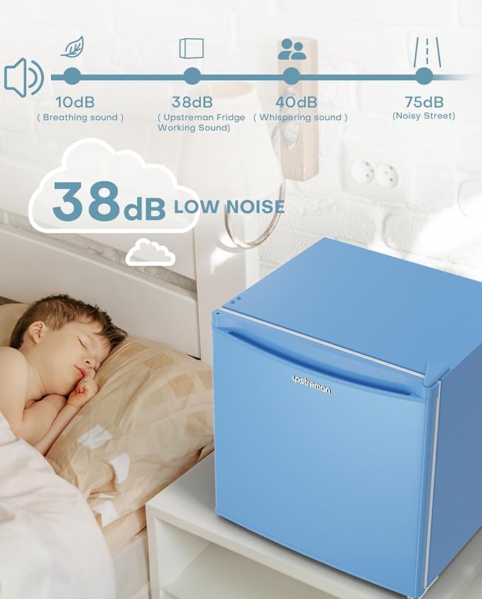 Upstreman 1.7 Cu.ft Mini Fridge with Freezer, Dorm Essentials, Adjustable Thermostat, Energy Saving, Low Noise, Single Door Compact Refrigerator for Dorm, Office, Bedroom, Blue-FR17