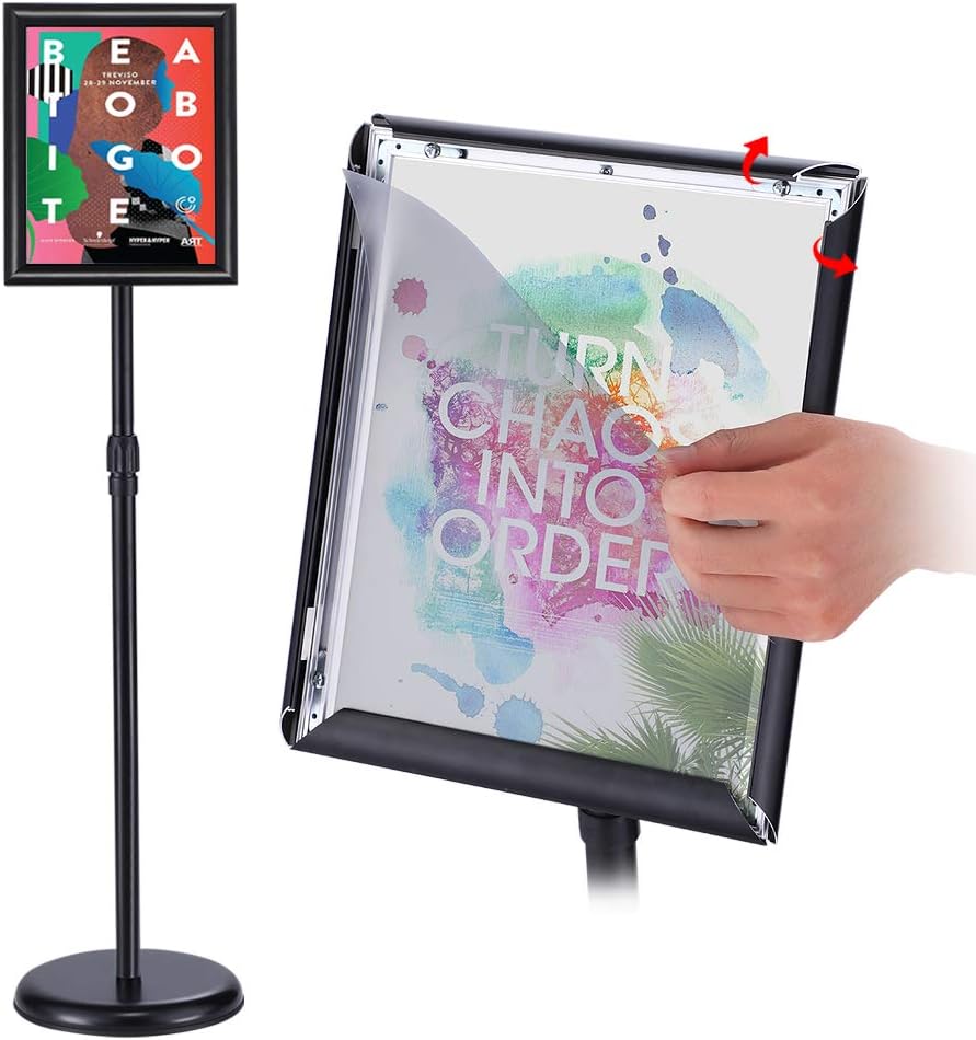 Adjustable Pedestal Poster Sign Stand 8.5x11 inchs, Black Floor Standing Sign Holder with Aluminum Snap Open Frame for Vertical/Horizontal Sign Displayed, for Store/Office/Hotel/School