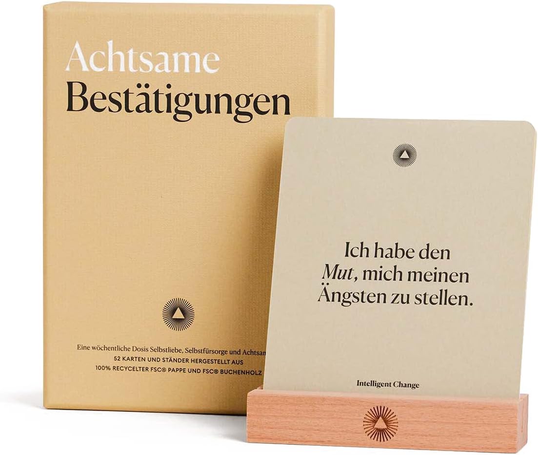 Intelligent Change German Mindful Affirmation Cards, Daily Words of Encouragement Cards, Self Affirmation Inspirational Gifts, Self Care Box of Positive Affirmations, Display Stand, Deck of 52