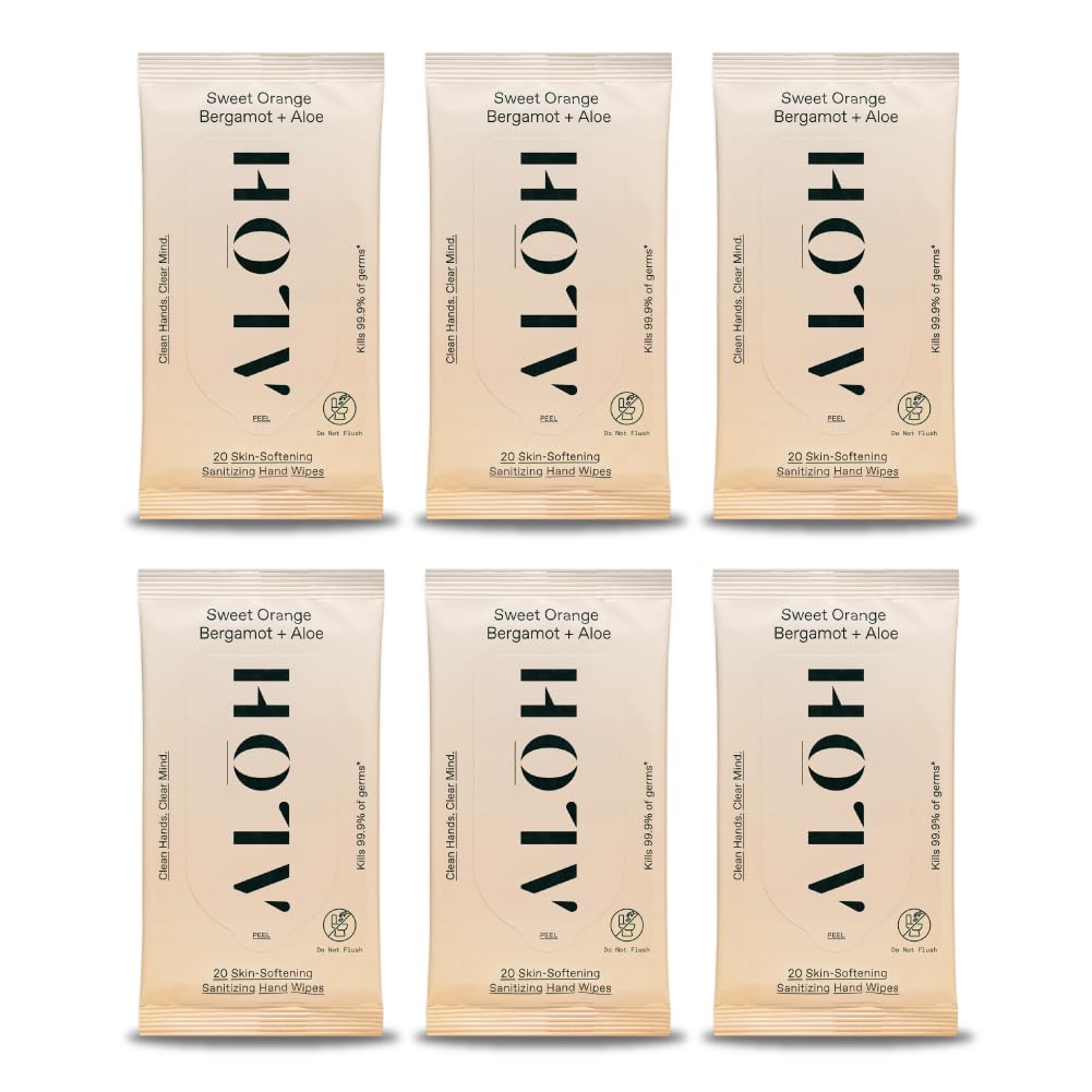 ALŌH Sweet Orange Bergamot + Aloe Sanitizing Hand Wipes - Clean Hands, Clear Mind - On The Go Hand Sanitizer Wipes for Kids and Adults - Travel Size 6 Packs 20ct Wipes (120 wipes)