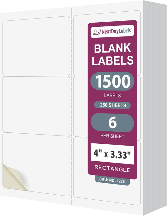 NextDayLabels – 4" x 3-1/3" Rectangular Sticker Labels for Printer - White Laser/Inkjet Printer Labels Return Address Labels Shipping Label Stickers (250 Sheets, 6 Per Sheet, 1500 Labels)