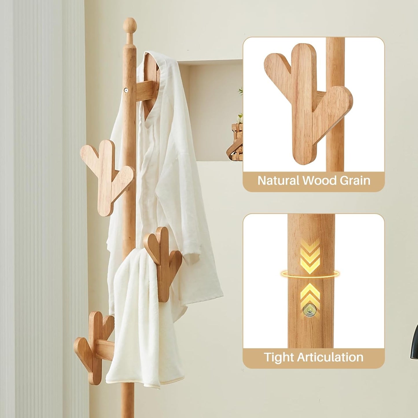 Uniclinens Solid Wood Coat Rack Freestanding with Umbrella Holder, Tree Coat Rack Stand with Lockable Universal Casters & 12 Hooks for Entryway Bedroom, Natural