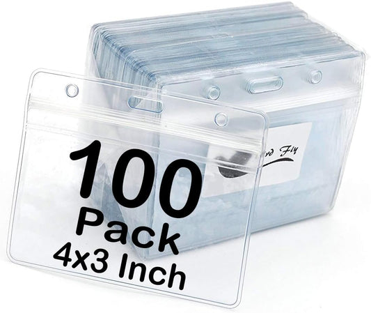 Name Tag Badge ID Card Holders 100 Pack (Horizontal, 4 x 3 Inches),Clear Plastic Premium Badge Holder