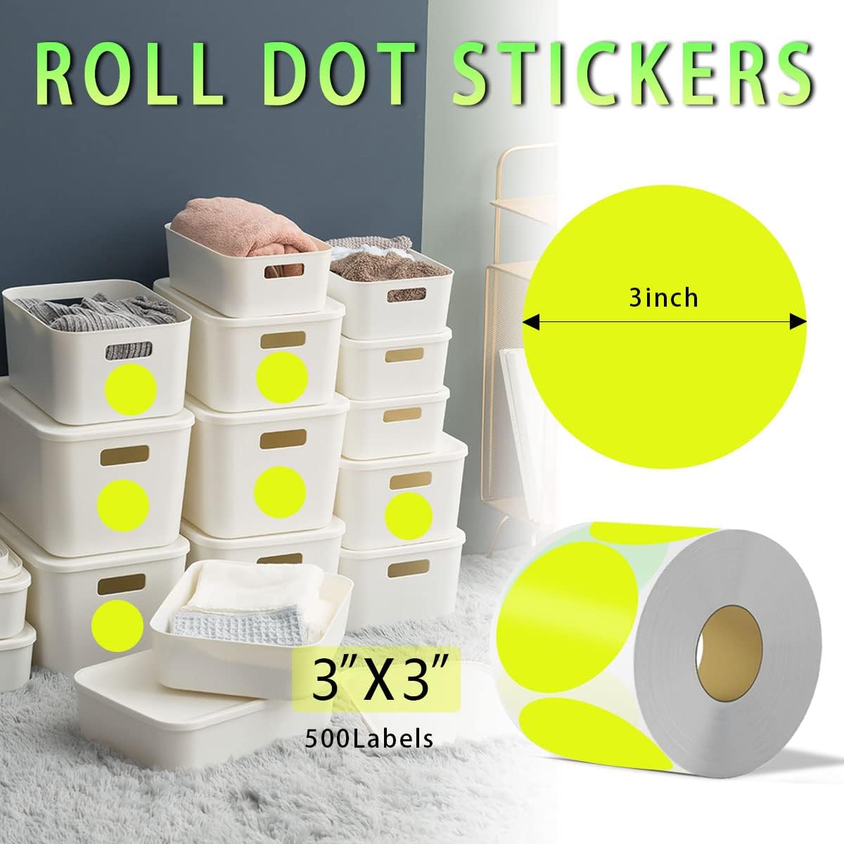 PARLAIM 3 Inch Round Permanent Adhesive Color-Code Dot Stickers,500 per Roll dots Label Dispenser Box,Inventory Circle Stickers (Fluorescent Yellow)