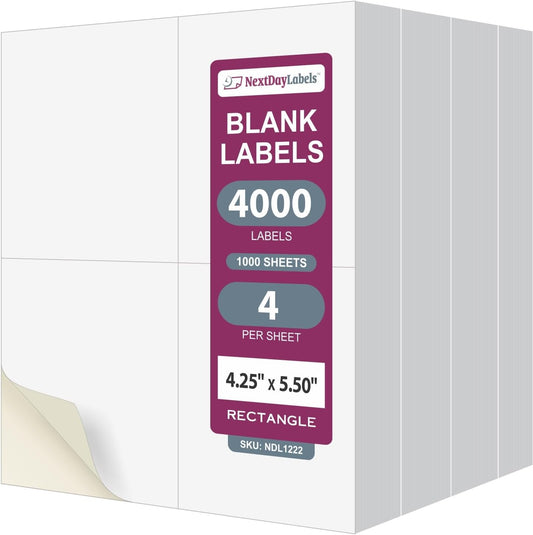 NextDayLabels – 4-1/4" x 5-1/2" Rectangular Sticker Labels for Printer - White Laser/Inkjet Printer Labels Return Address Labels Shipping Label Stickers (1000 Sheets, 4 Per Sheet, 4000 Labels)