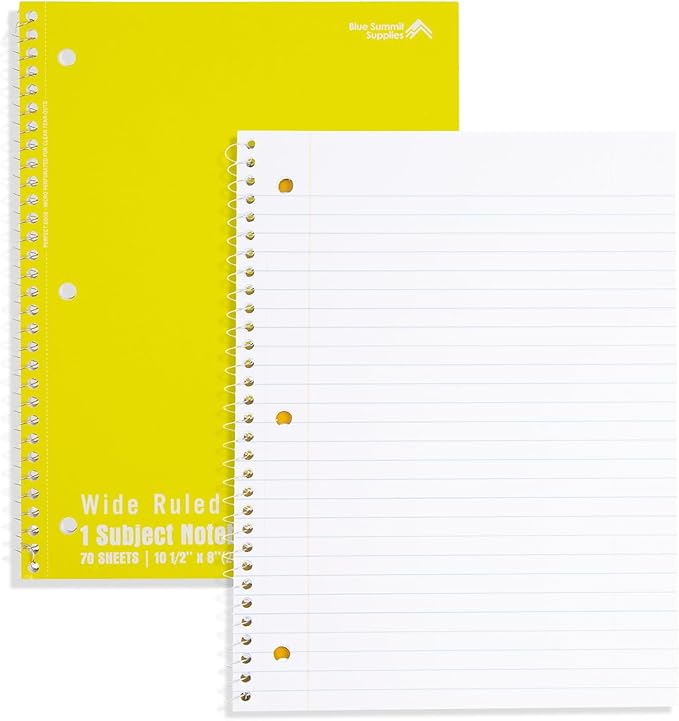 Blue Summit Wide Ruled Spiral Notebook, 1 Subject Spiral Notebook Wide Ruled, Paper School Notebooks Bulk, 12 Pack
