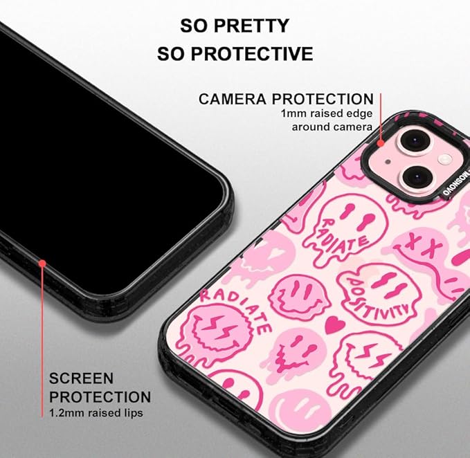 MOSNOVO Case for iPhone 15 Plus, [10ft 4X Military-Grade Drop Protection] Durable & Shockproof Phone Case Cover Design for iPhone 15 Plus / 14 Plus - Pink Dripping Smiles - Clear Black