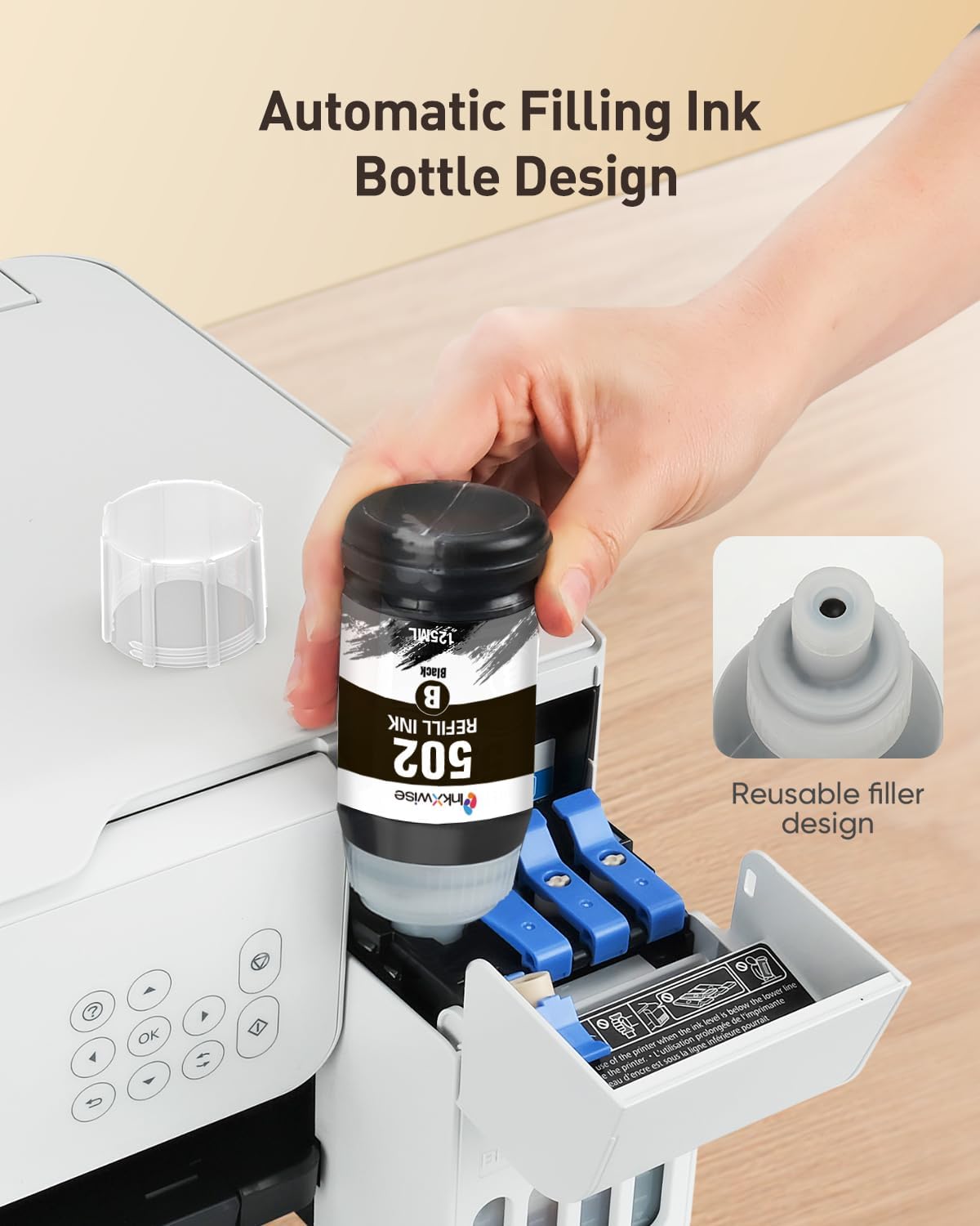 Compatible Replacement for 502 Pigment Black Ink Refill Bottles Replacement for Epson 502 Ink for Ecotank ET 2850 ET 3850 ET-4760 ET-2760 ET-3830 ET 15000 ET-3843 Printers (Black, 3-Pack)