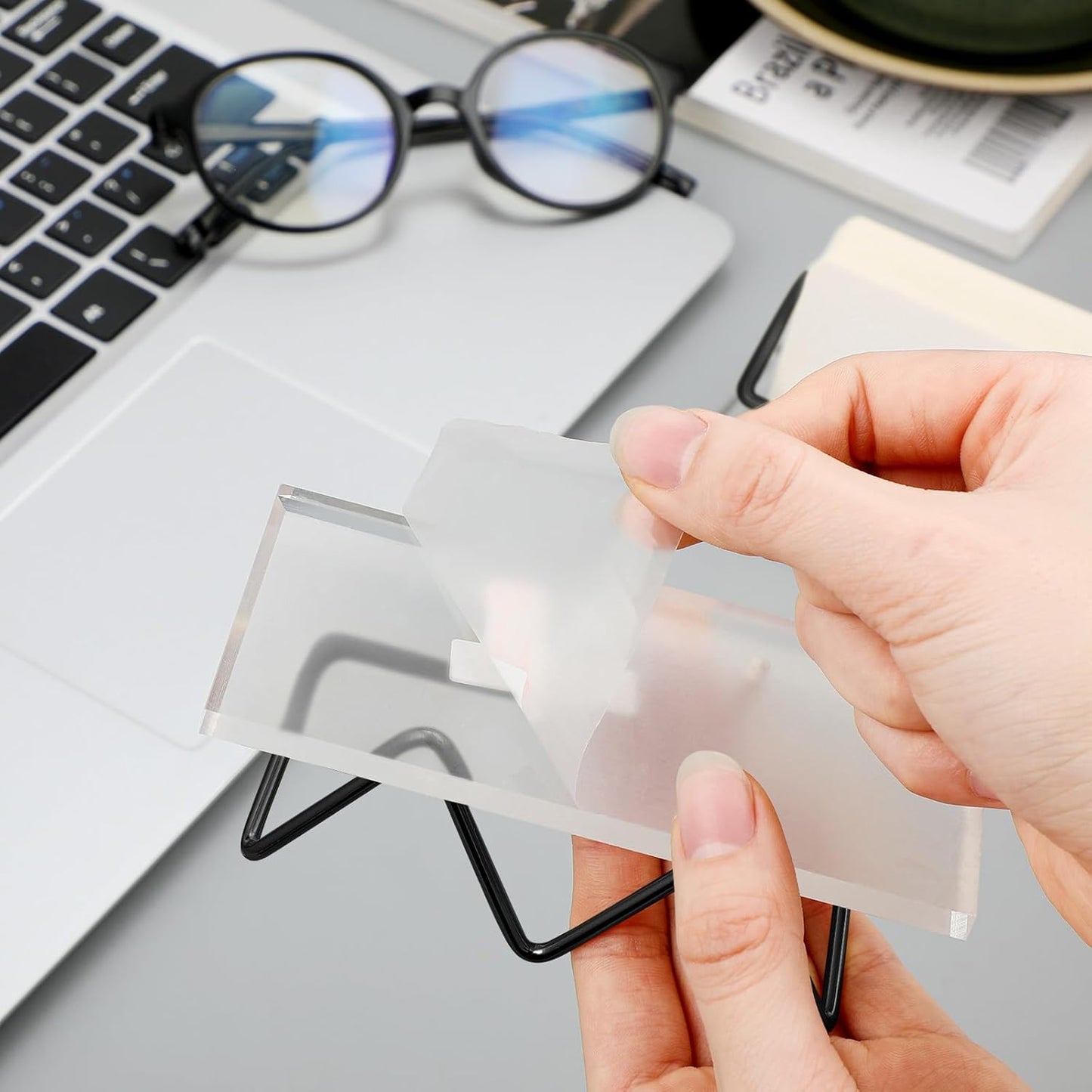 Amyhill 2 Pieces Acrylic Business Card Holder for Desk Clear Horizontal Business Card Display Stand Postcard Holder for Office Home Desktop (Black)