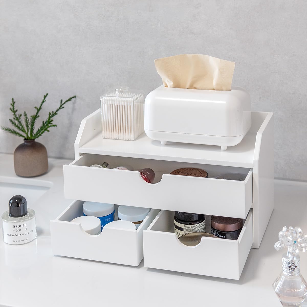 ROSE BLOOM White Wood Desk Organizer with 3 Drawer, Mini Cute Cabinet with Storage Shelf for Tabletop, Small Desktop Box Organizer for Cosmetic Office Supplies