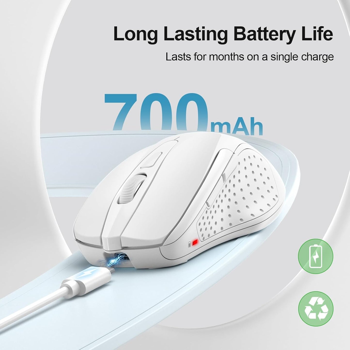 TECKNET Wireless Mouse (BT5.0/3.0 & 2.4G) Rechargeable 4800 DPI Silent USB A & Bluetooth Mouse 6 Buttons, Wide Compatibility - White