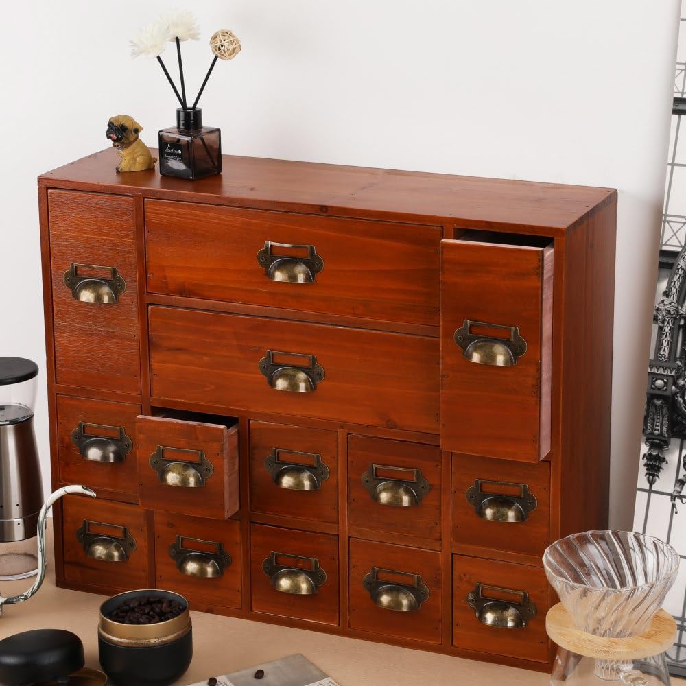 Apothecary Drawers Card Catalog Cabinet with 14 Drawers Wooden Card Catalog Wooden Storage Box for Desktop Organizer (Brown)