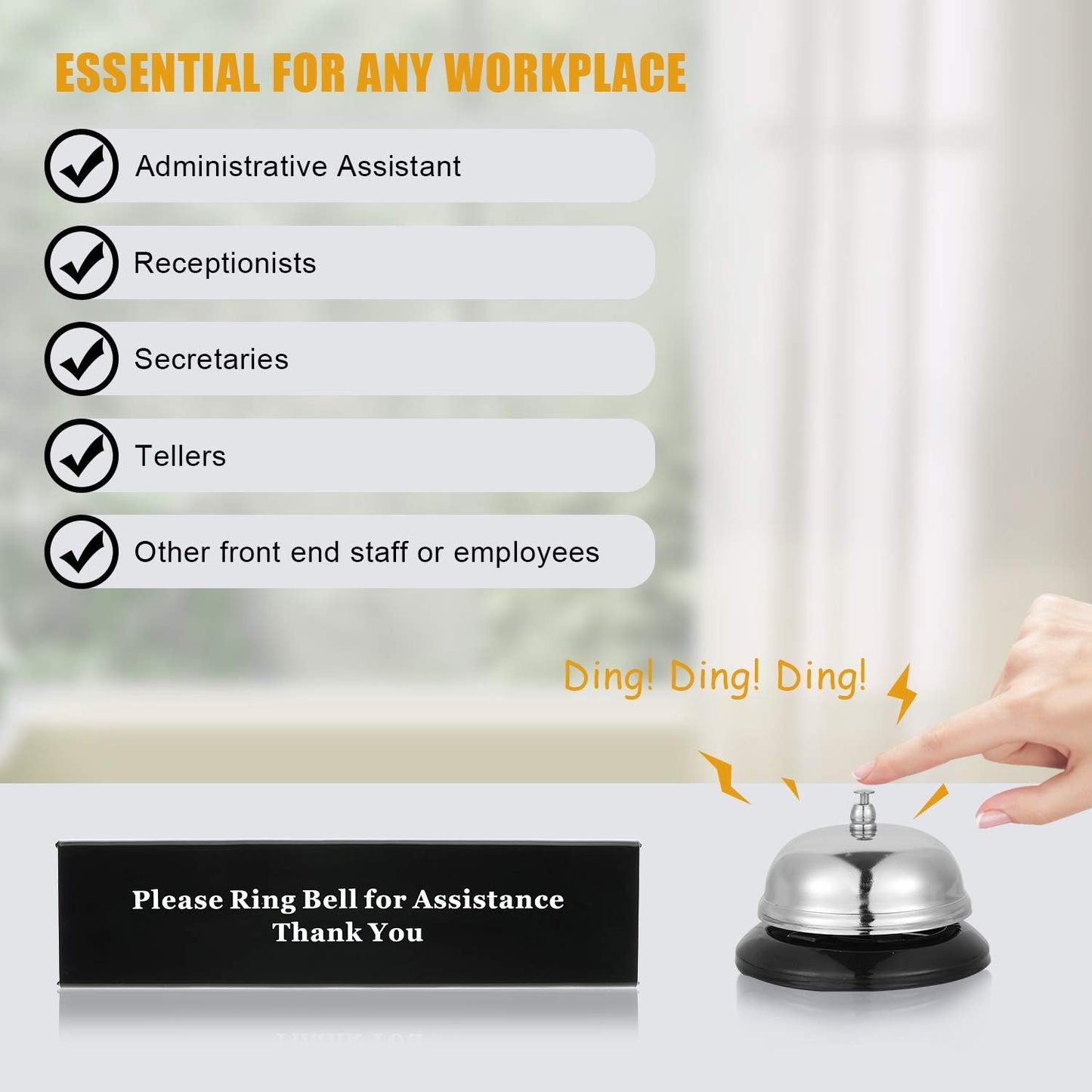 Boao Desk Service Dinner Bell Metal Silver Call Bell and Double Side No Receptionist Sign Please Ring Sign for Service Assistance for Hotel School Restaurant Reception Area(Sliver Bell)