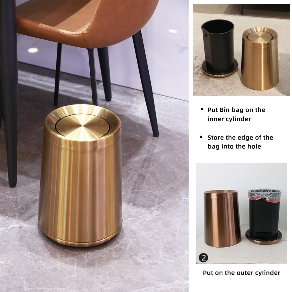 10 L/2.6Gallen,Swing Lid Gold Brass Trash Can,Brushed Nickel Garbage Can Bathroom with Flipping Lid,for Bathroom, Living Room,Bedroom,Hotel (Rose Gold)