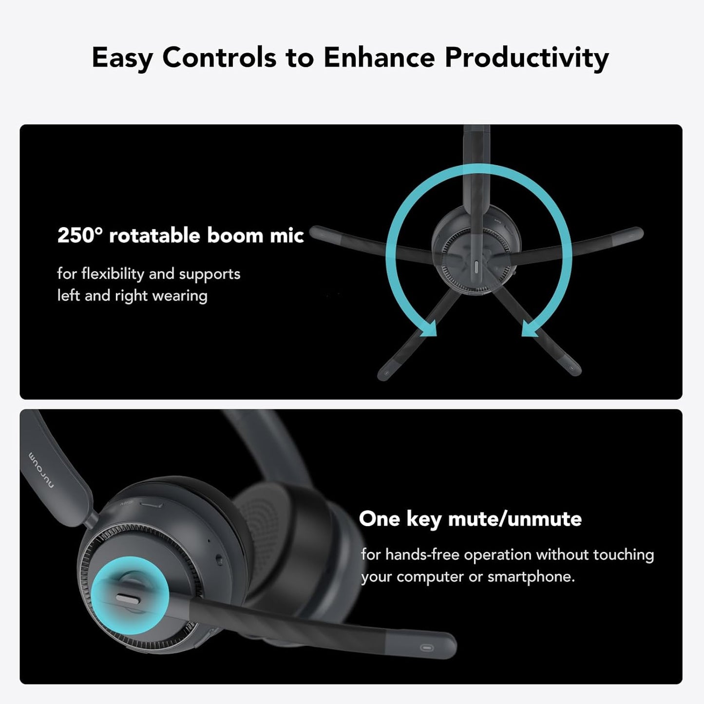 NUROUM Wireless Headset with Mic for Work, Bluetooth Headset with Noise Cancelling Microphone, Mute Button, USB for PC/Computer/Laptop for Zoom/Teams, Office/Call Center/Work from Home HP31DN