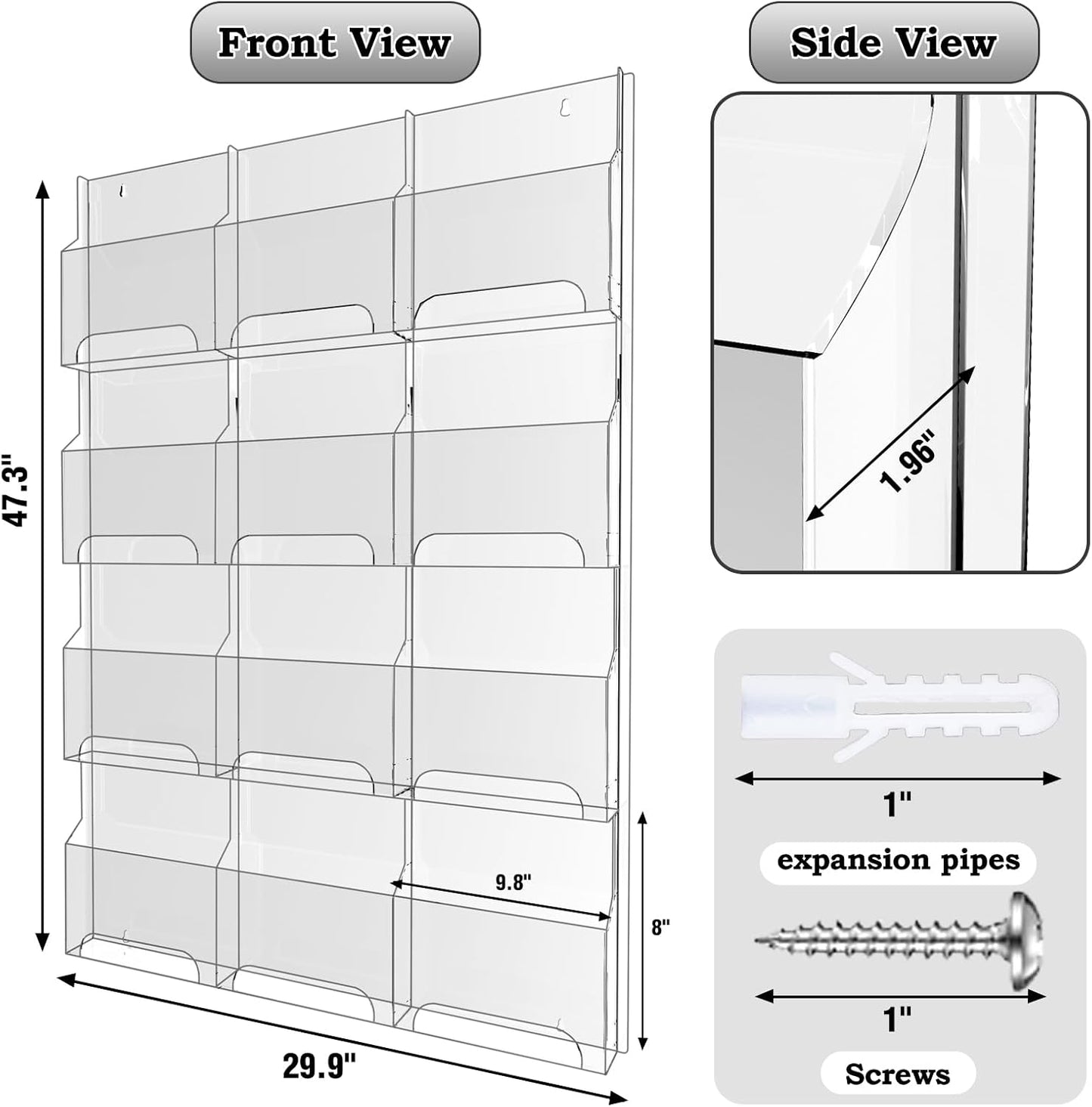 Acrylic Brochure Pamphlet Holder, 12 Magazine Holders, Clear Brochure Display Stand Wall Mount, Trifold Flyer Rack, Literature Storage Rack for Home, Offices, Waiting Room