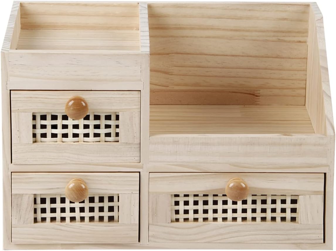 GYASVWU Bamboo Desk Organizer-No Assembly Required,Mini Bamboo Desk Drawer Organizer,Tabletop Storage Box for Office/kitchen counter/Bedroom, No Assembly Required (3 Drawer with Shelf)