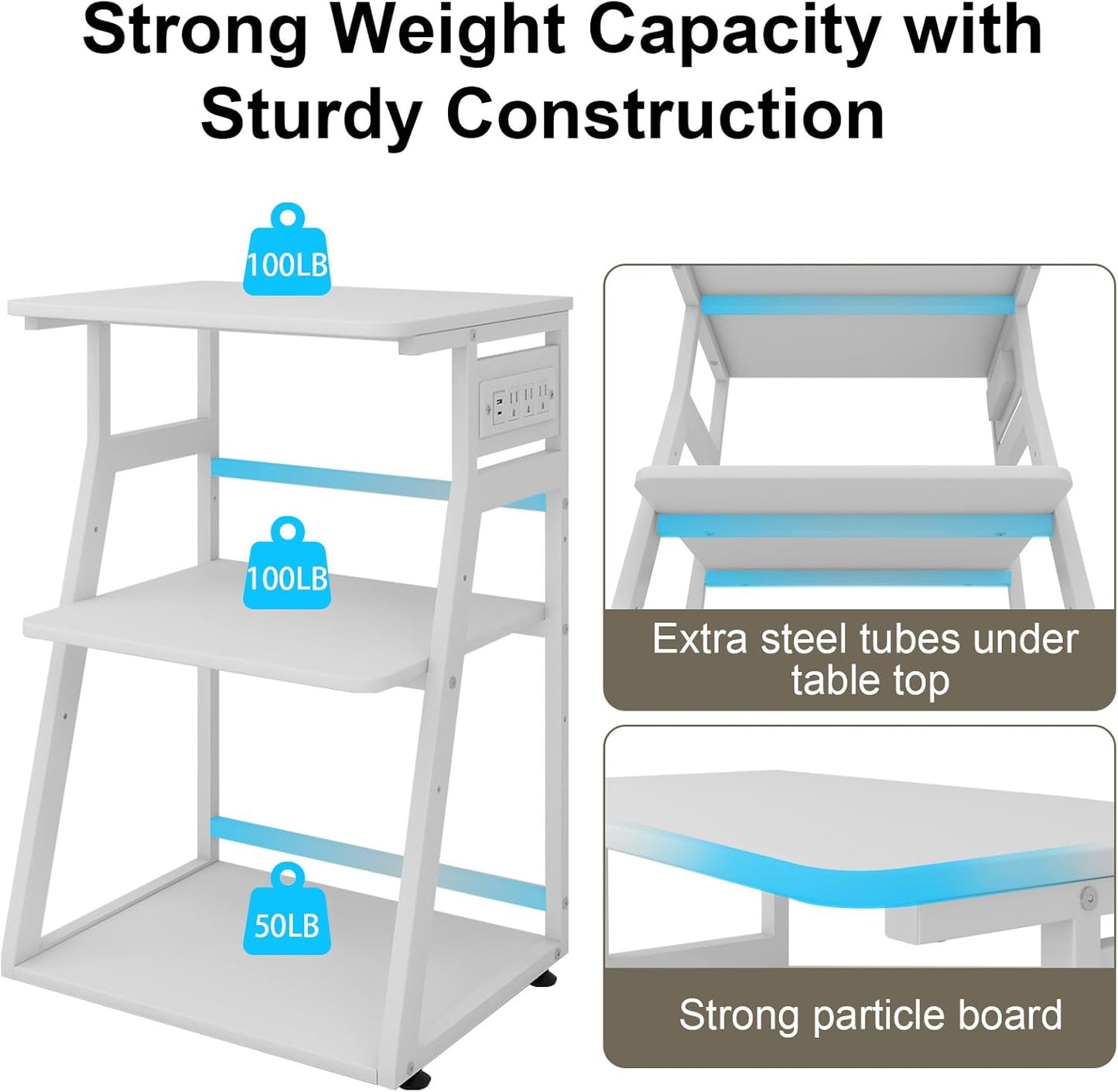 Natwind 19.7"x15.7" Printer Stand,3 Tier Printer Table with Charging Station, Rolling Cart with Adjustable Storage Shelf for Home Office Organization, Stand for Heat Press,3D Printer (White)