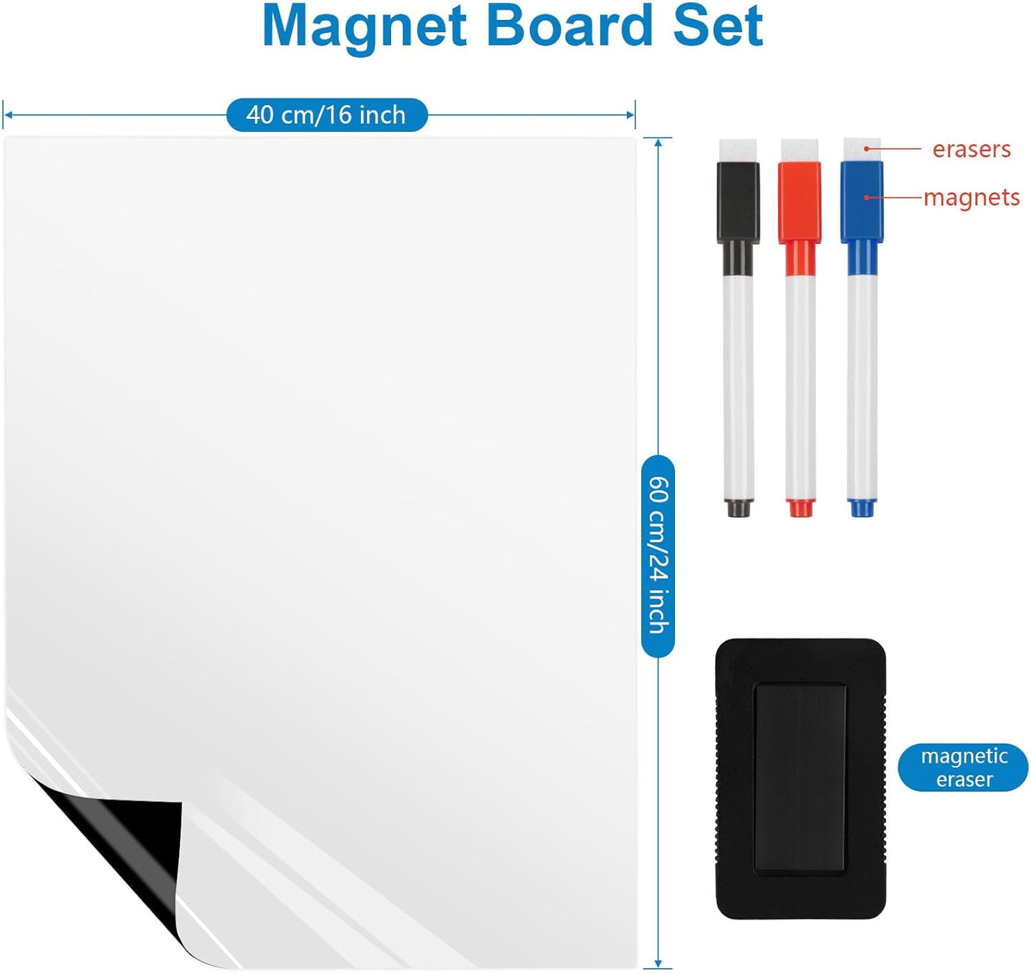 Magnetic Fridge White Board Paper, 16" x 24" Large Dry Erase Board Sheet for Organizer and Planner, Kitchen Refrigerator Whiteboard for Family to-do List, Includes Markers and Eraser