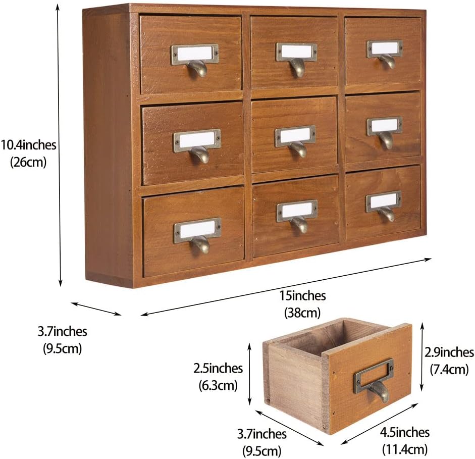 9 Drawers Library Card Catalog Cabinet with Labels Apothecary Cabinet Tabletop Apothecary Chests and Cabinets Herb Storage Box Wooden Desk Drawer Organizer Medicine Vintage Furniture(Brown)