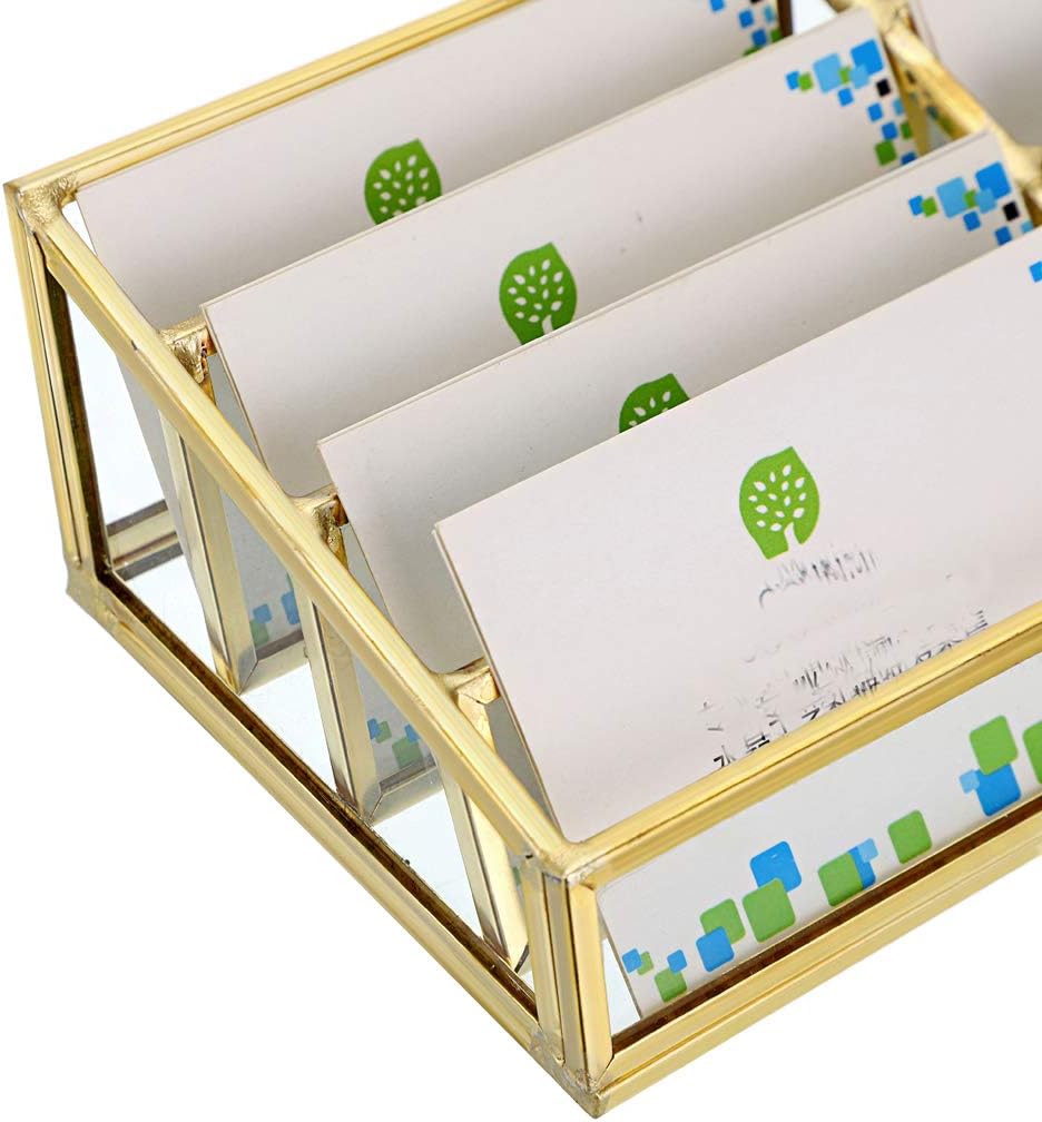 Hipiwe Glass Business Card Holder Stand 8 Slot Name Cards Display Storage Holder Gold Metal Business Cards Organizer for Office Desktop Countertop