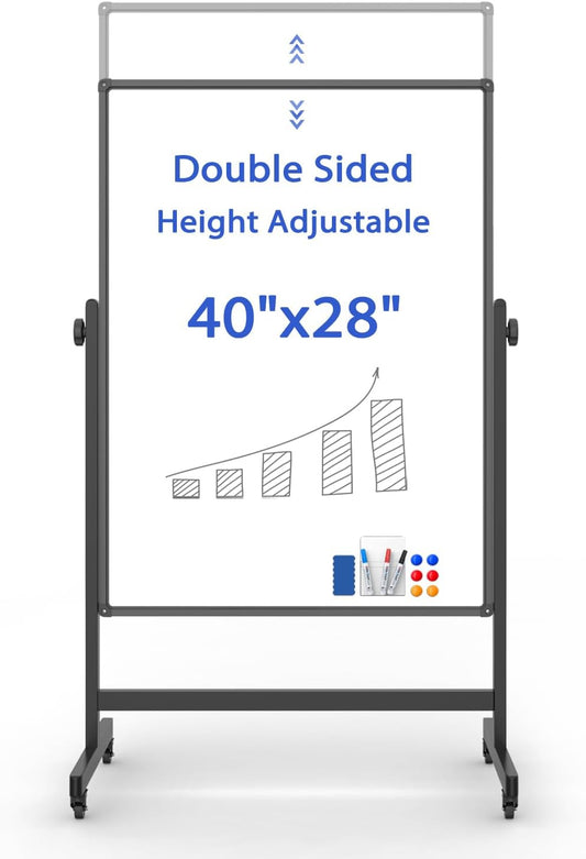Rolling Whiteboard on Wheels, Double-Sided Magnetic Dry Erase Board with Stand, Mobile White Board for Office, Classroom, Home (28" x 40")