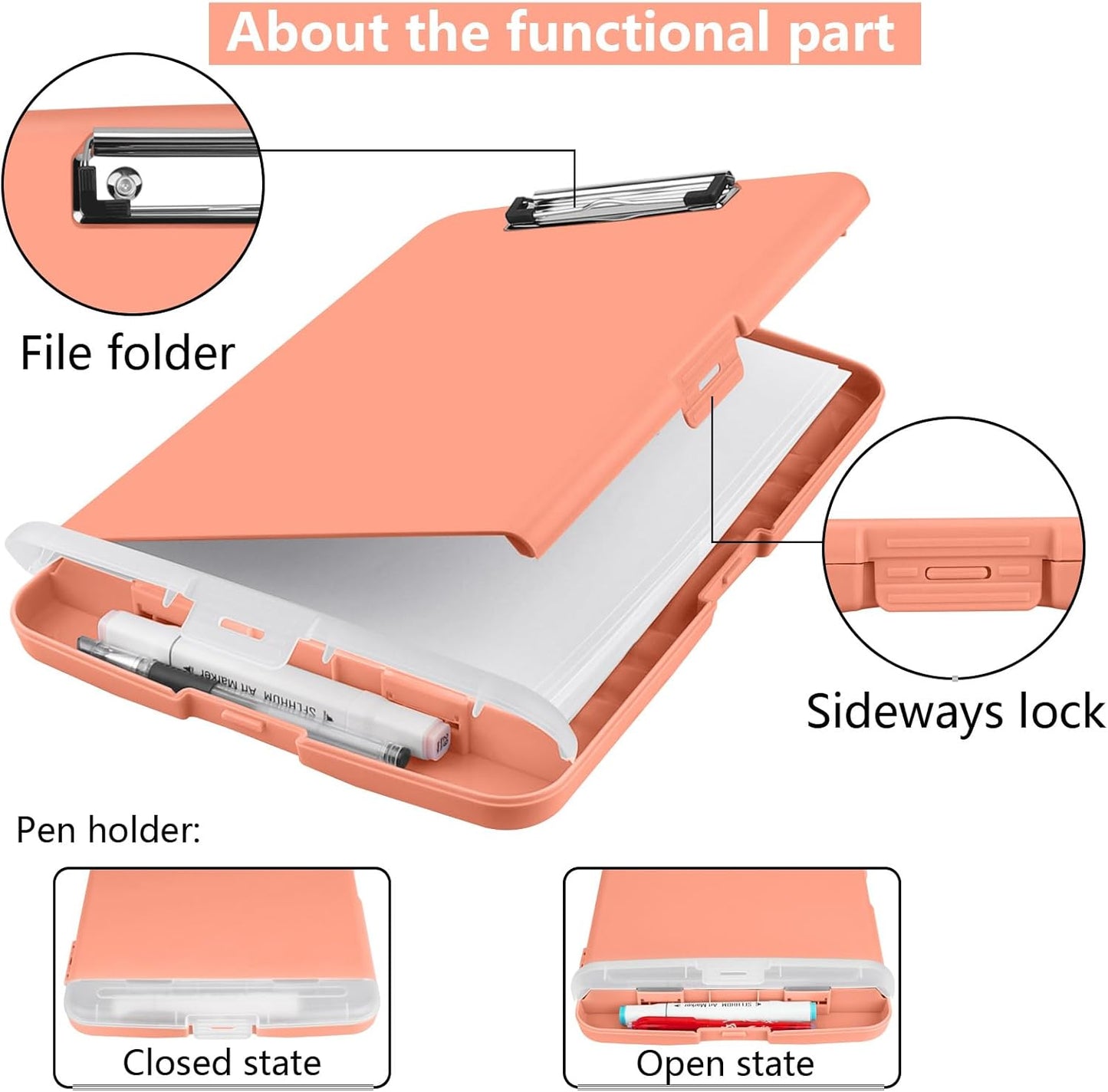 Clipboard with Storage, A4 Binder Nursing Clipboards with Pen Holder, Heavy Duty Storage Clipboards with Low Profile Clip, Clipboard Folder Side-Opening, Smooth Writing Clip Board (Pink Orange)
