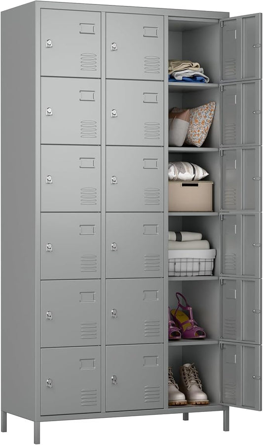 Metal Lockers for Employees with Lock,Metal Storage Locker with 18 Doors for School Garage Office Gym Bedroom,Assembly Required,18 Door Light Grey