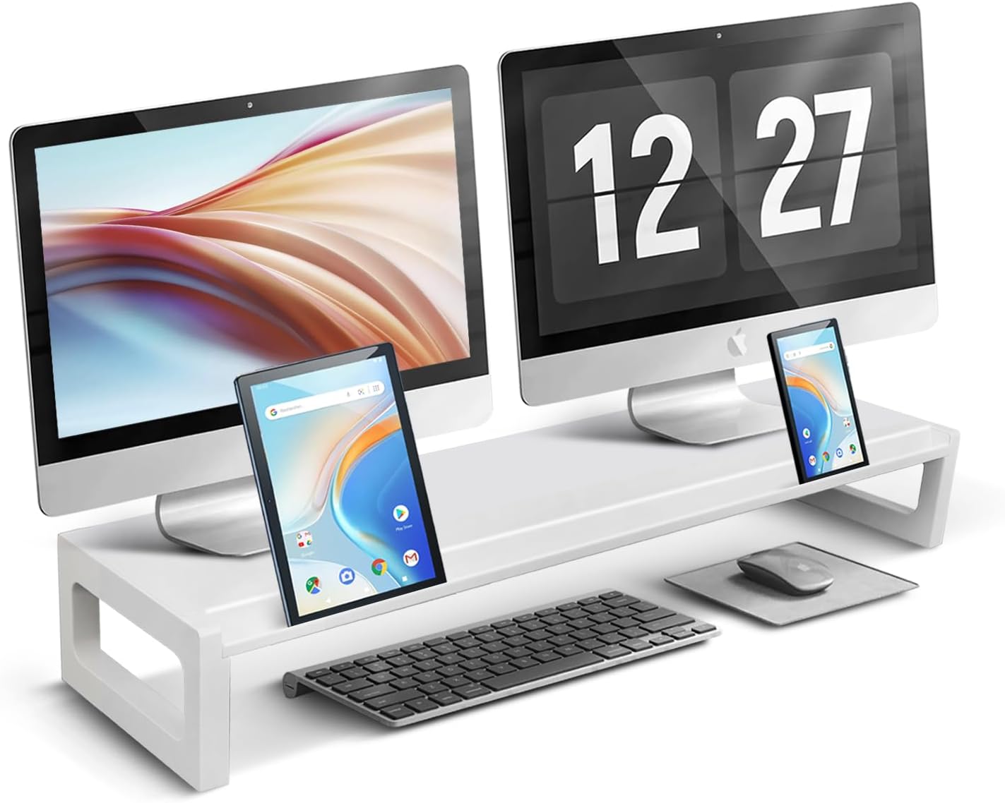 Dual Monitor Stand Riser – 28-Inch Computer Monitor Stand with Multifunctional Slot for 2 Monitors, Multi-Purpose Desktop Storage for Laptop, Printer, TV