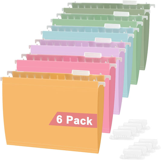 Pastel Plastic Hanging File Folders,Letter Size,6 Pack Reinforced Expanding Hang Folder,Heavy Duty File Folders for Filing Cabinet,1/5-Cut Tabs,Hanging Folder Organizer for Office Home